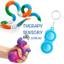Tangle Squeeze Pop kit from TherapySensory. Showing keyring pop it with two pops, medium colour change squeeze ball and tangle junior in organge and blue and green.