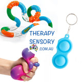 Tangle Squeeze Pop kit from TherapySensory. Showing keyring pop it with two pops, medium colour change squeeze ball and tangle junior in organge and blue and green.