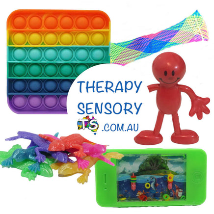 Travel kit from TherapySensory. Contains square pop it, marble fidget, bendy person, stretchy pack rubber toys, water game. Great hand sized fidget toys that can be used in the car, plane or anywhere you travel.