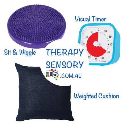 School Kit 2 from TherapySensory showing a wobble cushion that you can sit and wiggle on, a time timer mod that can help people to visualise time and a 4kg weighted cushion for deep pressure therapy and sitting.