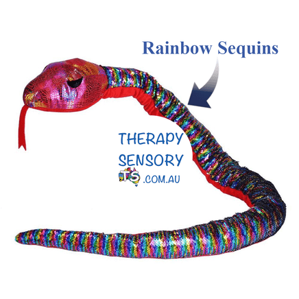 Weighted Rainbow Snake from TherapySensory.com.au showing sequins on the top skin layer.